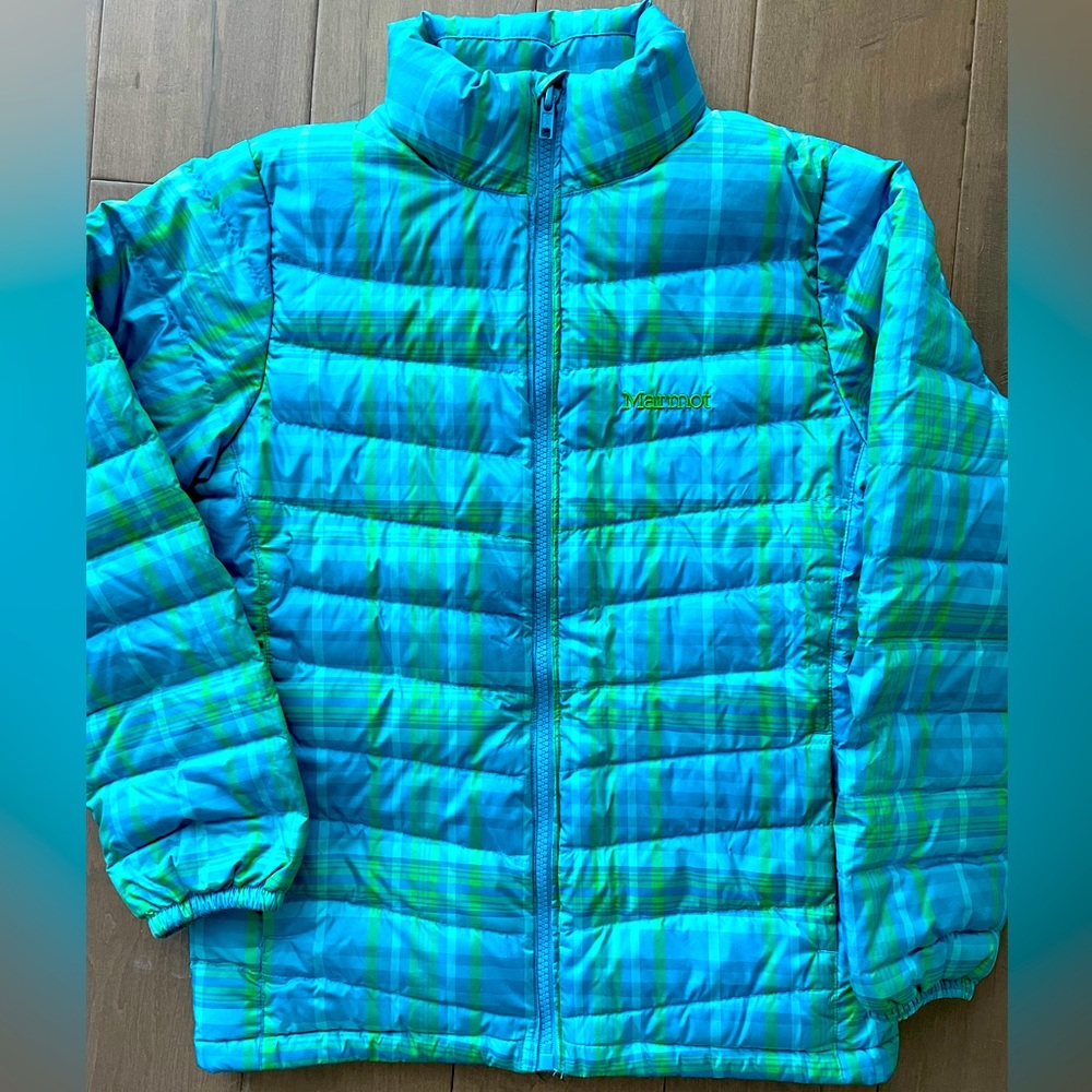 Marmot Girls Puffer Coat Blue Green Plaid Sz Med